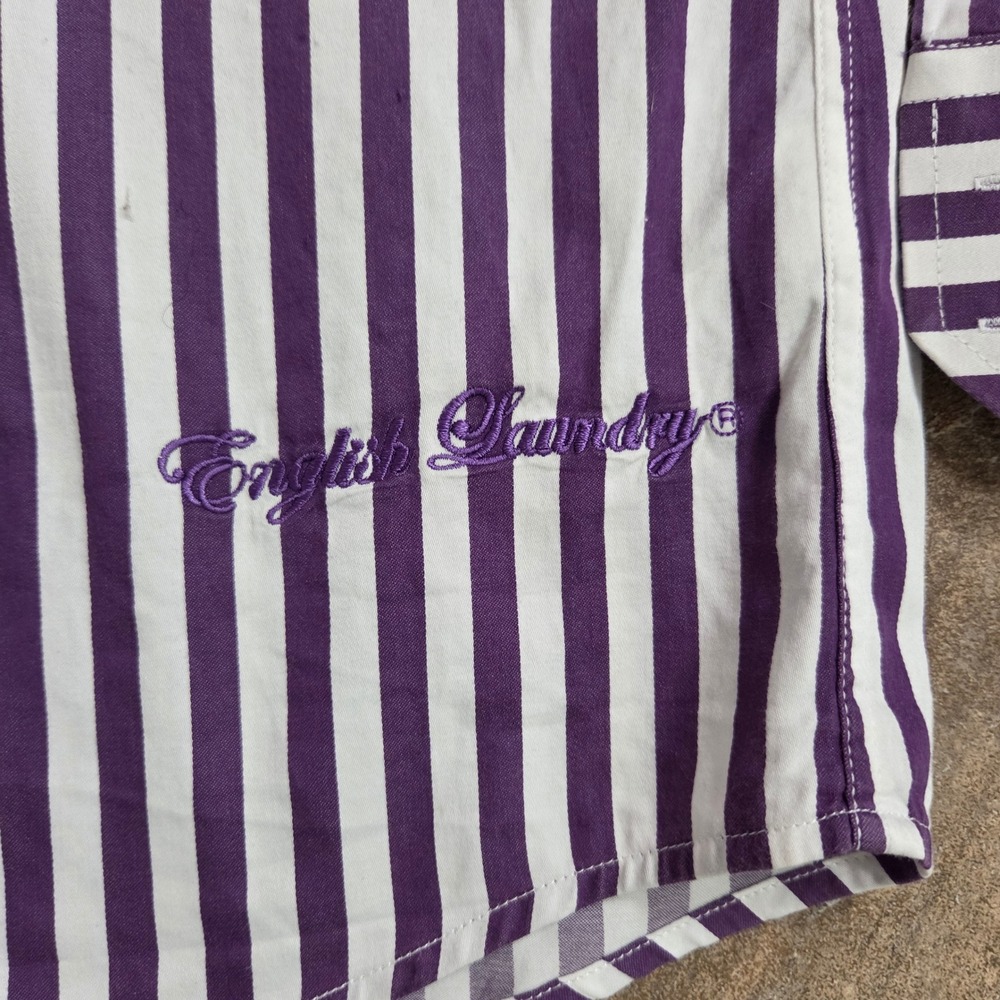 English Laundry Mens Striped Dress Shirt Purple White Button Down 16 1/2 34 35 - Picture 9 of 10